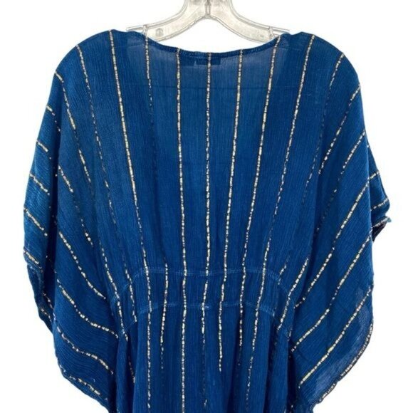 Raya Sun Cover Up Kaftan Blue Gold Boho Beach Vacation Swimsuit Coverup - Picture 11 of 13